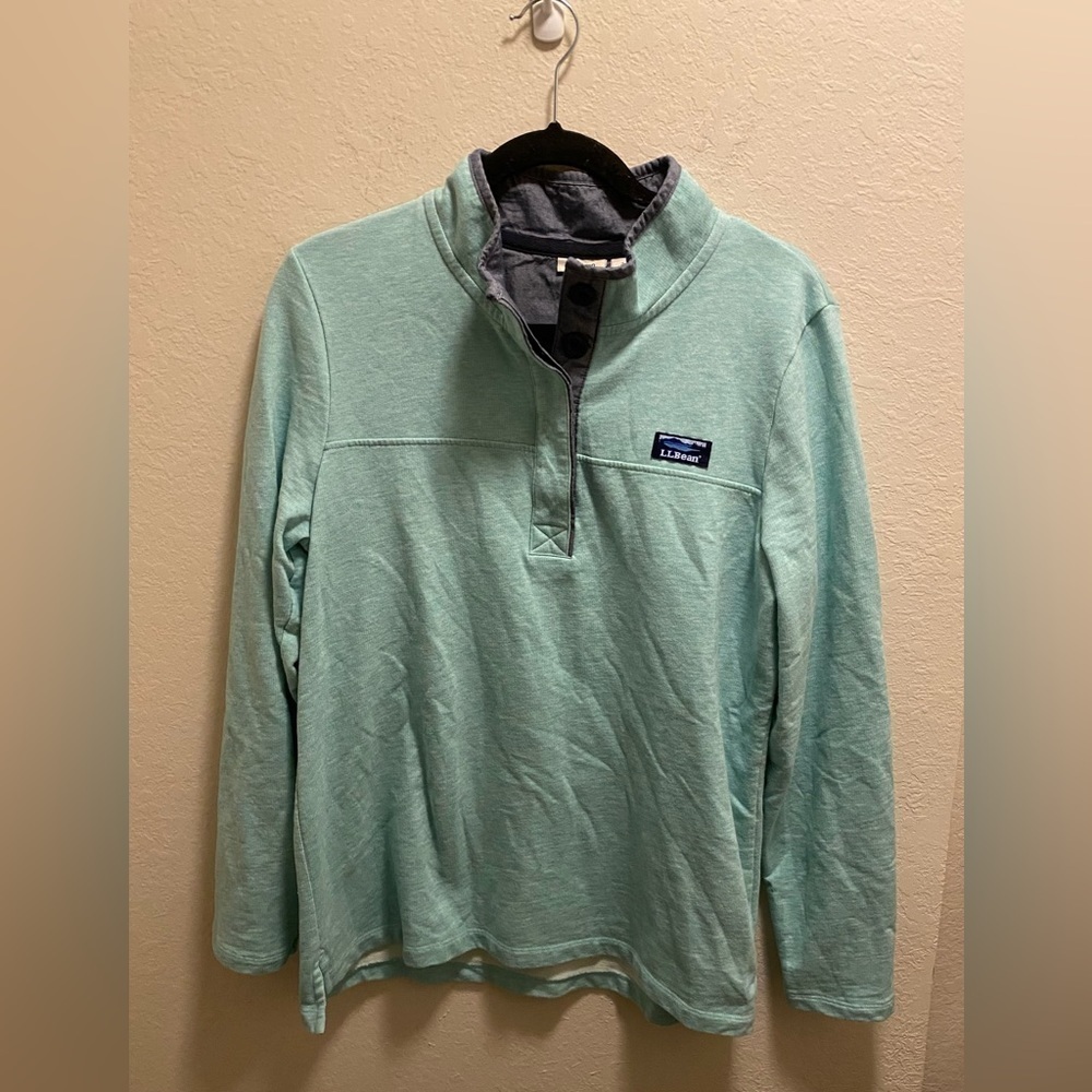 LL Bean Women’s Soft Cotton Rugby Pullover in Aqua.